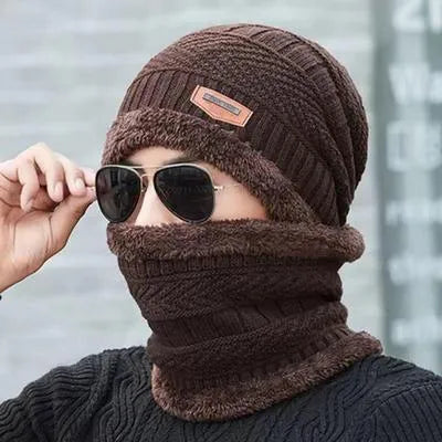 Winter Knitted Beanie Cap Neck Warmer Gloves Set For Men & Women